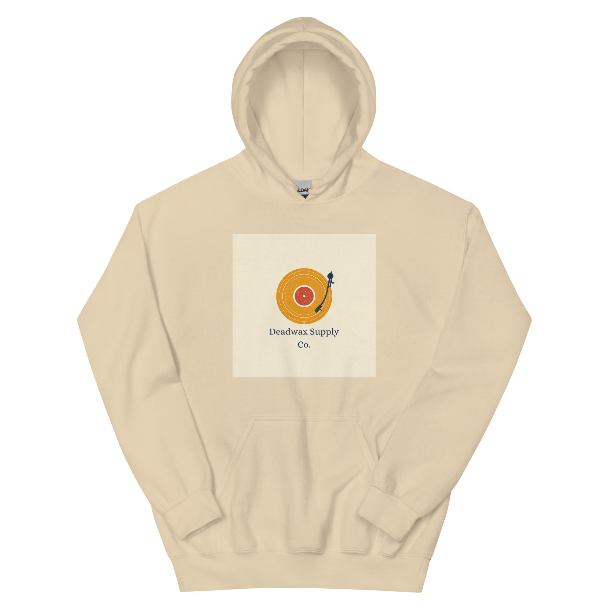 Deadwax Tonearm Hoodie in sand – vinyl record collector hoodie with tonearm and record logo
