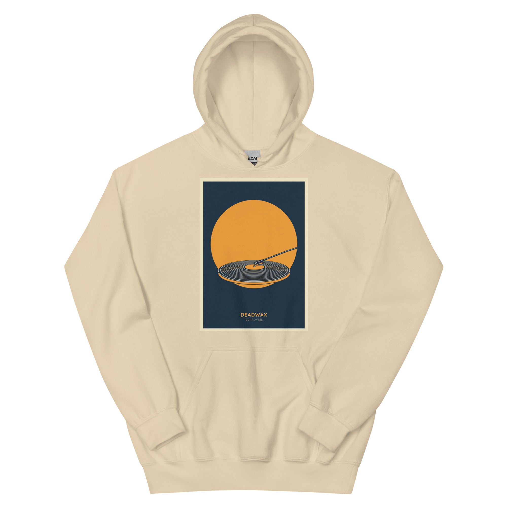 Deadwax Tonearm Hoodie in sand – vinyl record collector hoodie with tonearm and record logo