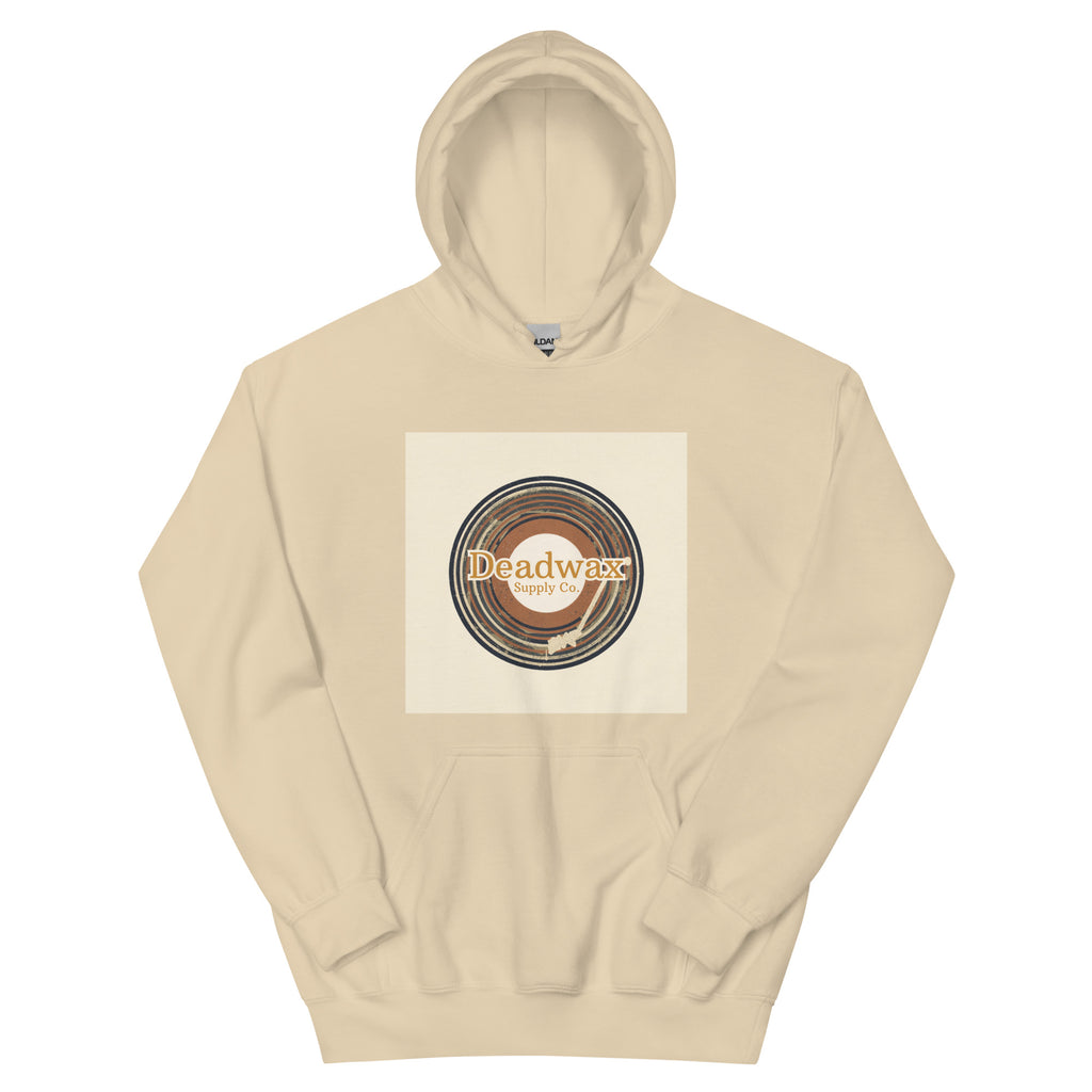 Deadwax Tonearm Hoodie in sand – vinyl record collector hoodie with tonearm and record logo