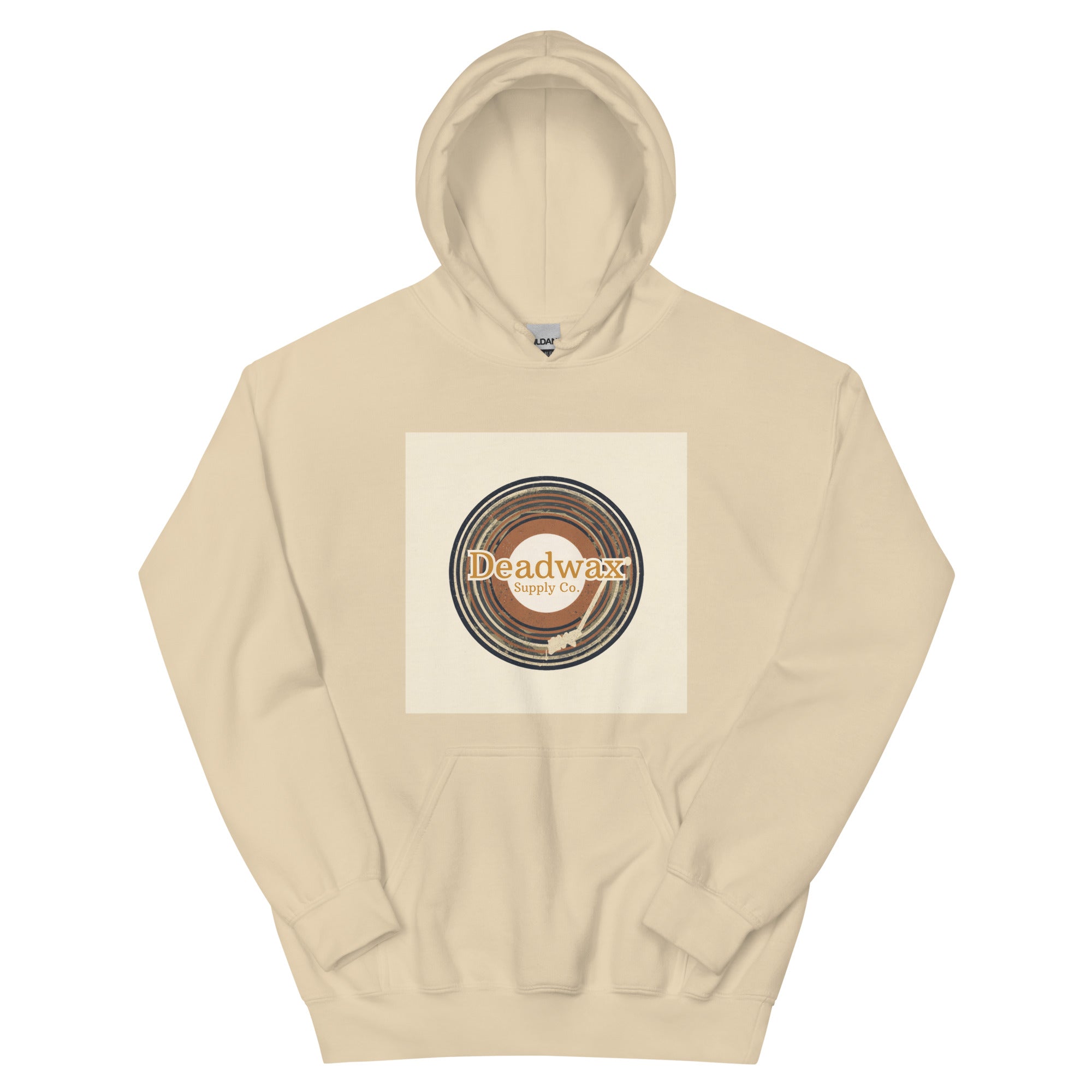 Deadwax Tonearm Hoodie in sand – vinyl record collector hoodie with tonearm and record logo