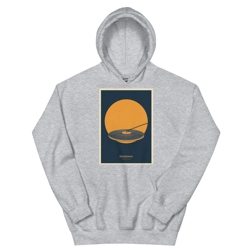 Deadwax Tonearm Hoodie in sport grey – vinyl record collector hoodie with tonearm and record logo