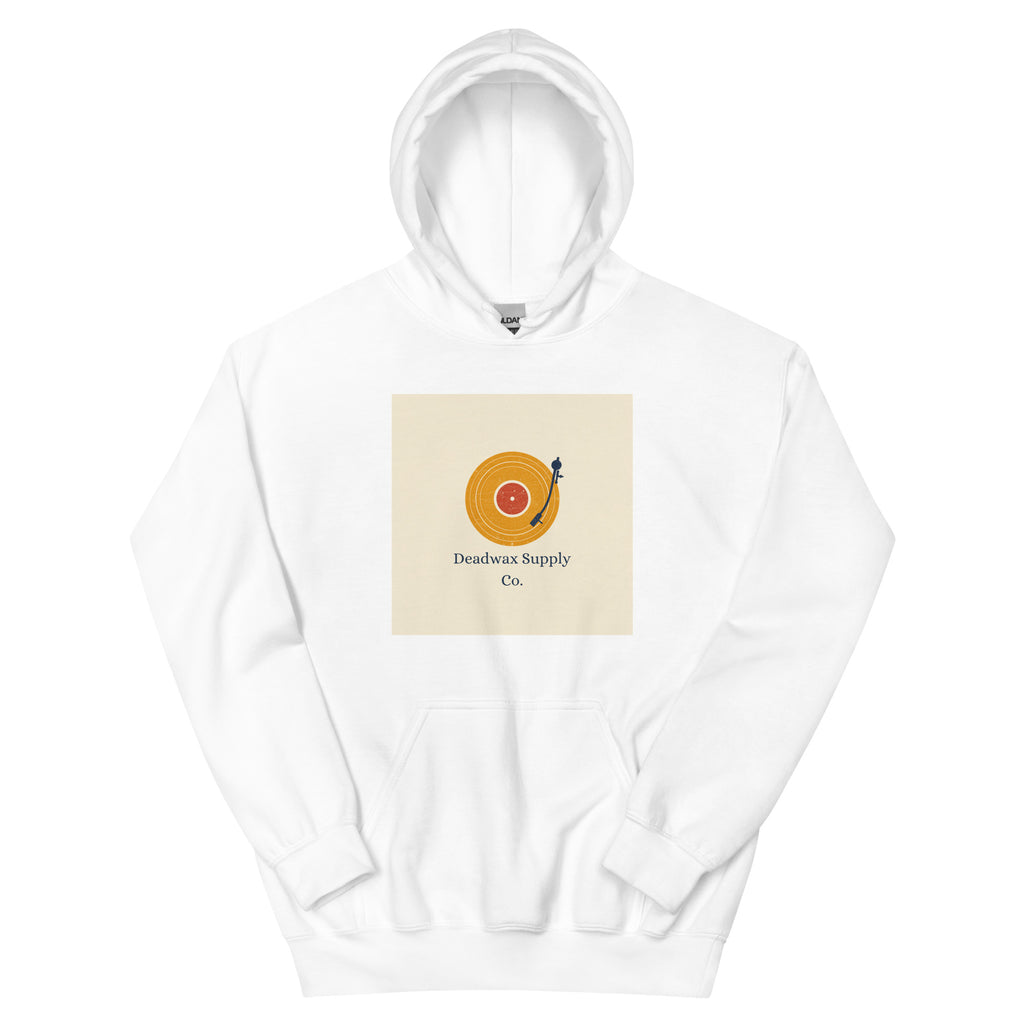 Deadwax Tonearm Hoodie in white – vinyl record collector hoodie with tonearm and record logo