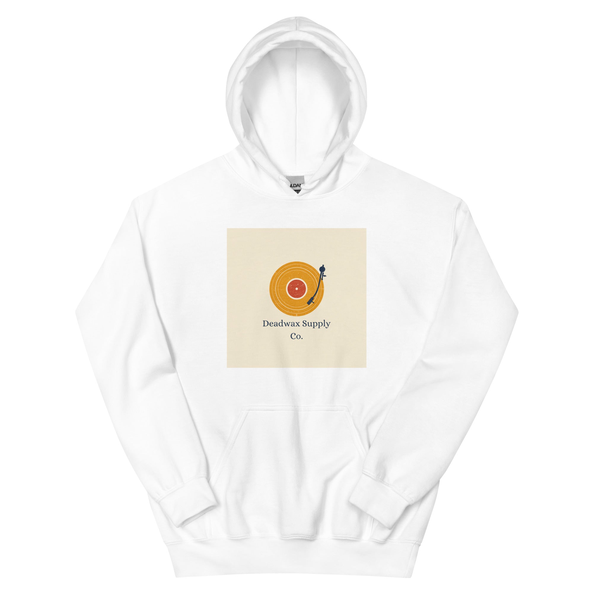 Deadwax Tonearm Hoodie in white – vinyl record collector hoodie with tonearm and record logo