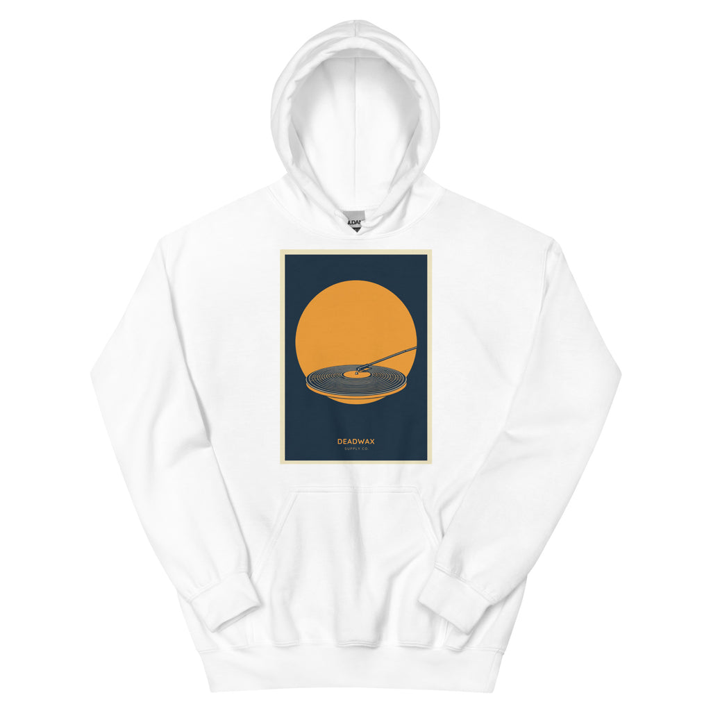 Deadwax Tonearm Hoodie in white – vinyl record collector hoodie with tonearm and record logo