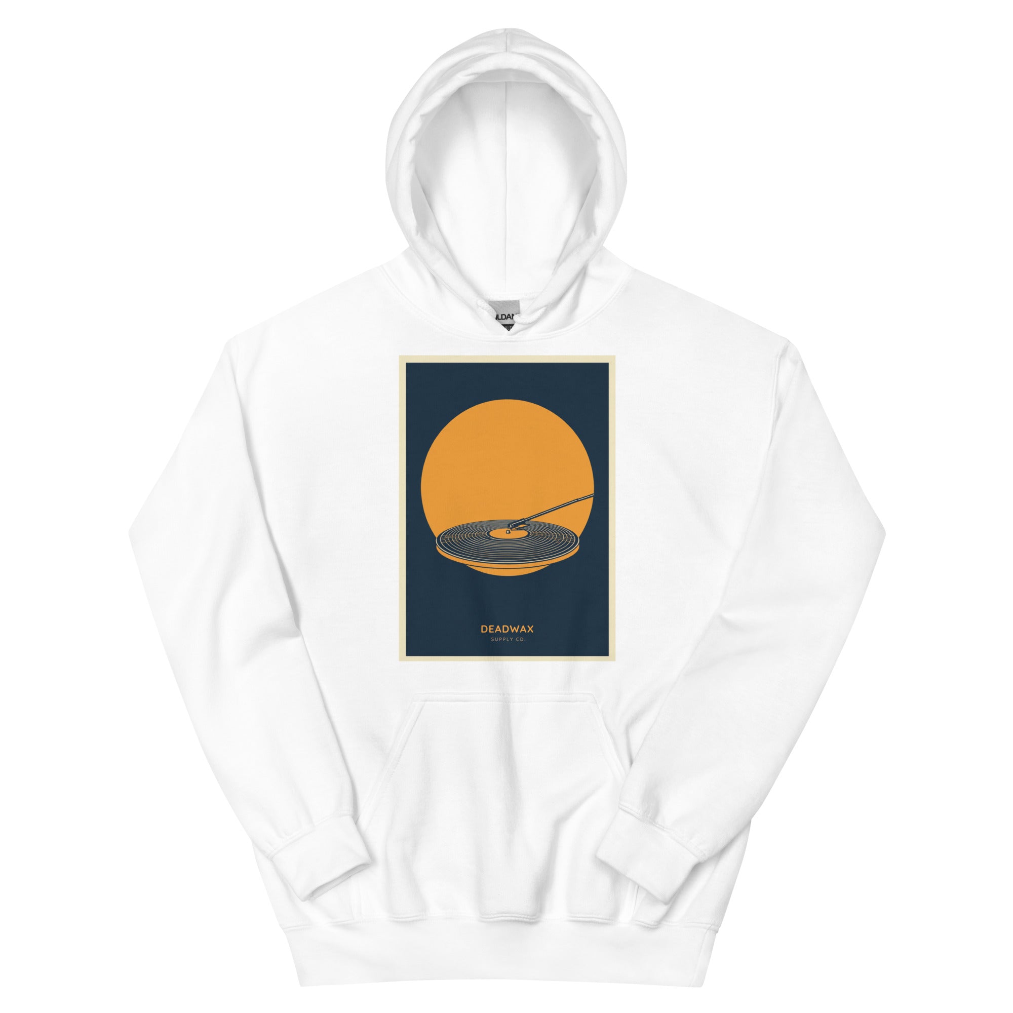Deadwax Tonearm Hoodie in white – vinyl record collector hoodie with tonearm and record logo