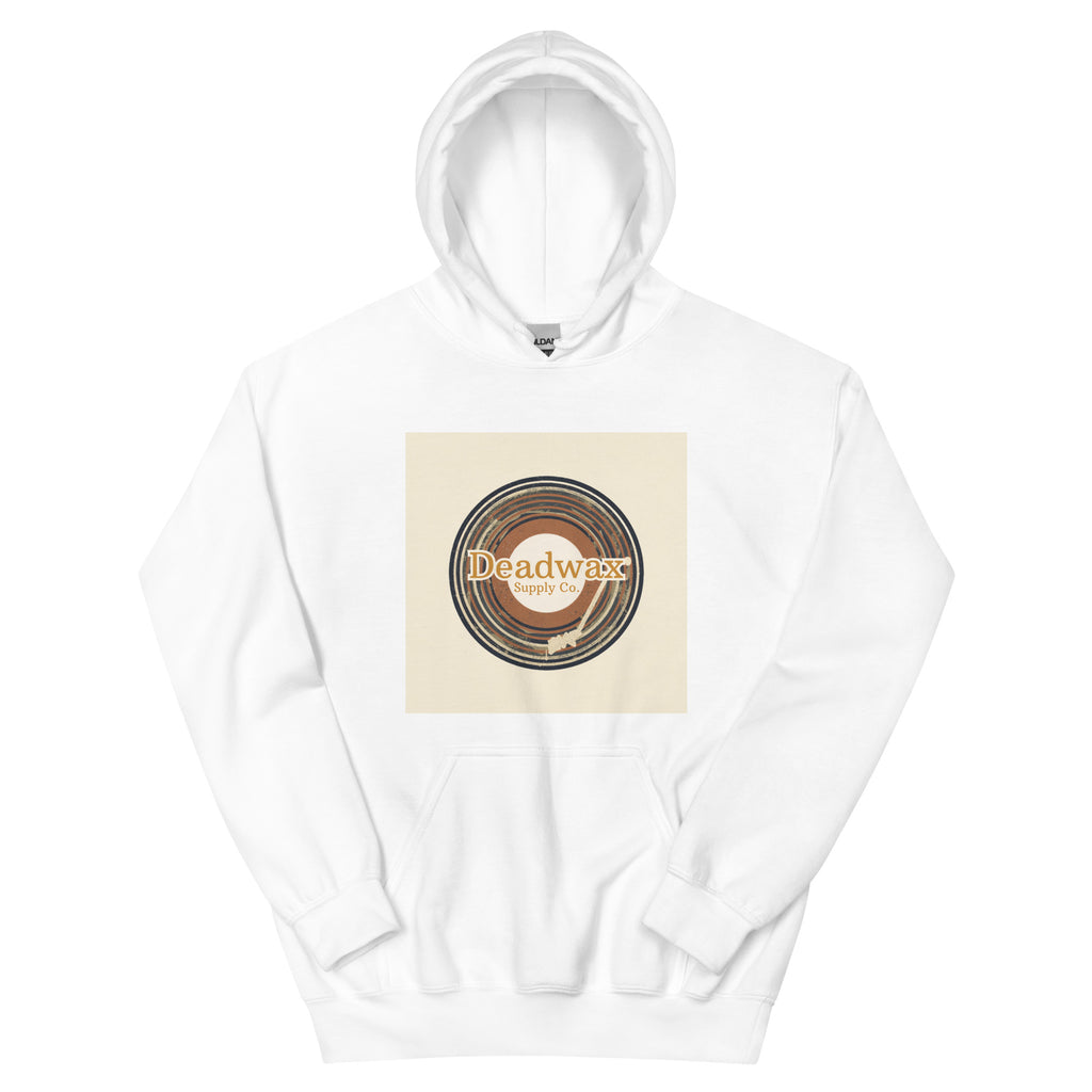 Deadwax Tonearm Hoodie in white – vinyl record collector hoodie with tonearm and record logo