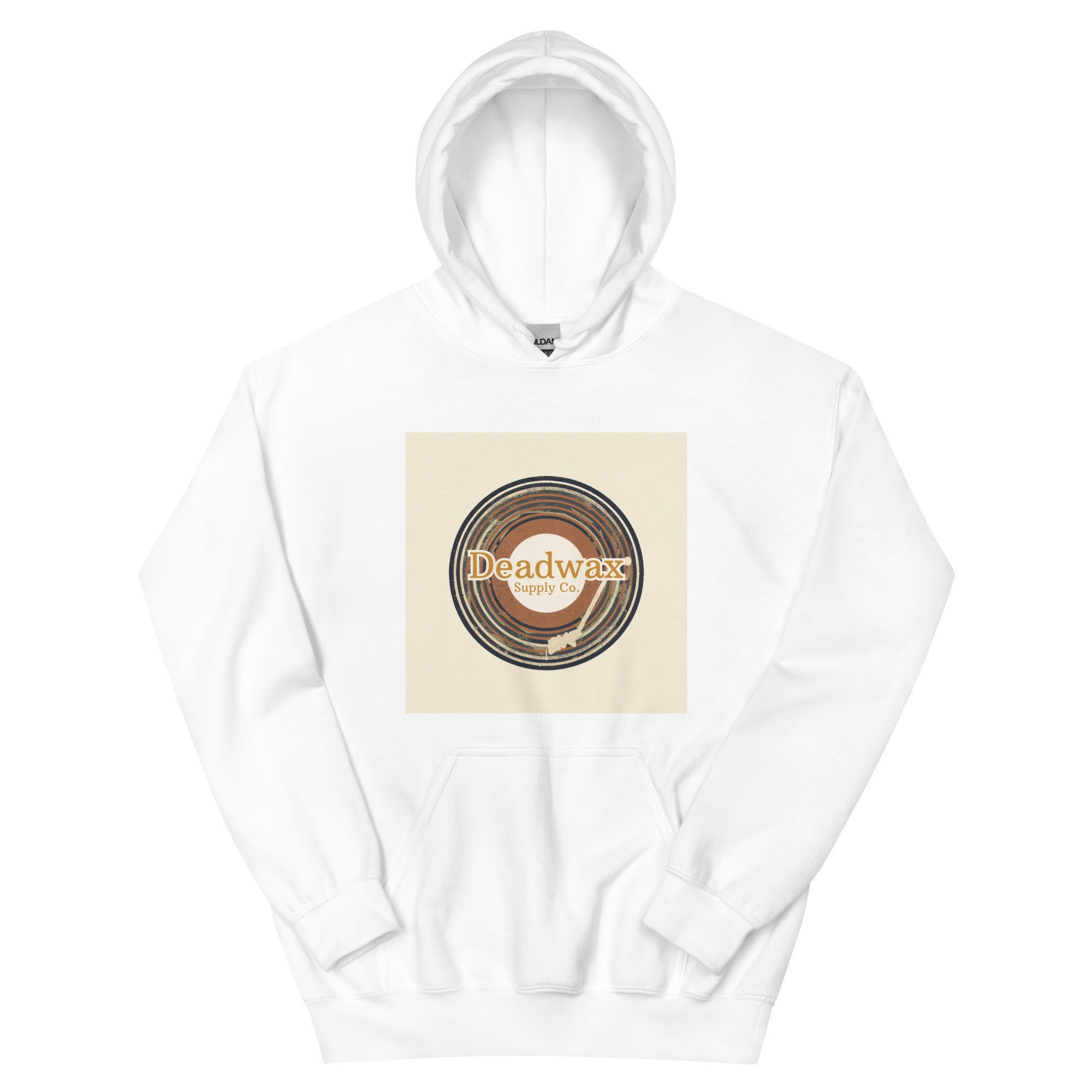 Deadwax Tonearm Hoodie in white – vinyl record collector hoodie with tonearm and record logo
