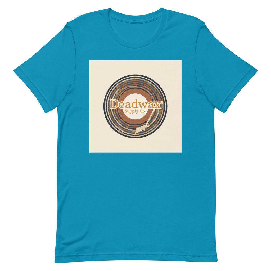 Deadwax Tonearm Tee in aqua – vinyl record collector t-shirt with tonearm and record logo