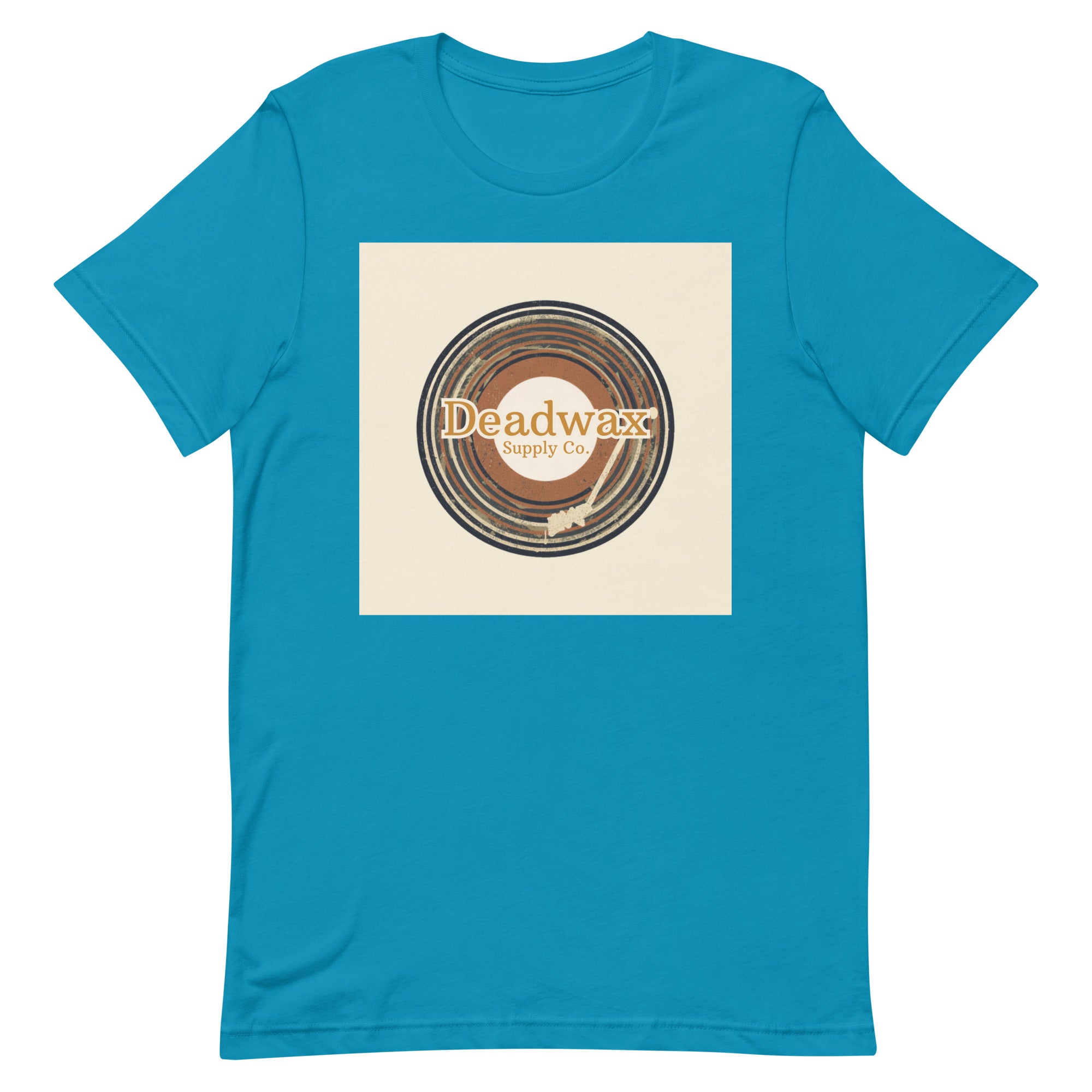 Deadwax Tonearm Tee in aqua – vinyl record collector t-shirt with tonearm and record logo
