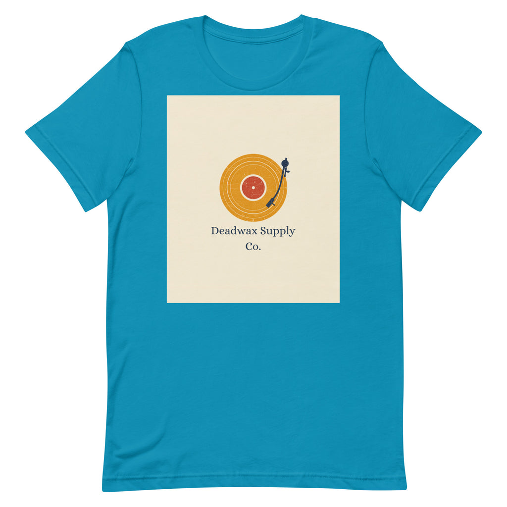 Deadwax Tonearm Tee in aqua – vinyl record collector t-shirt with tonearm and record logo