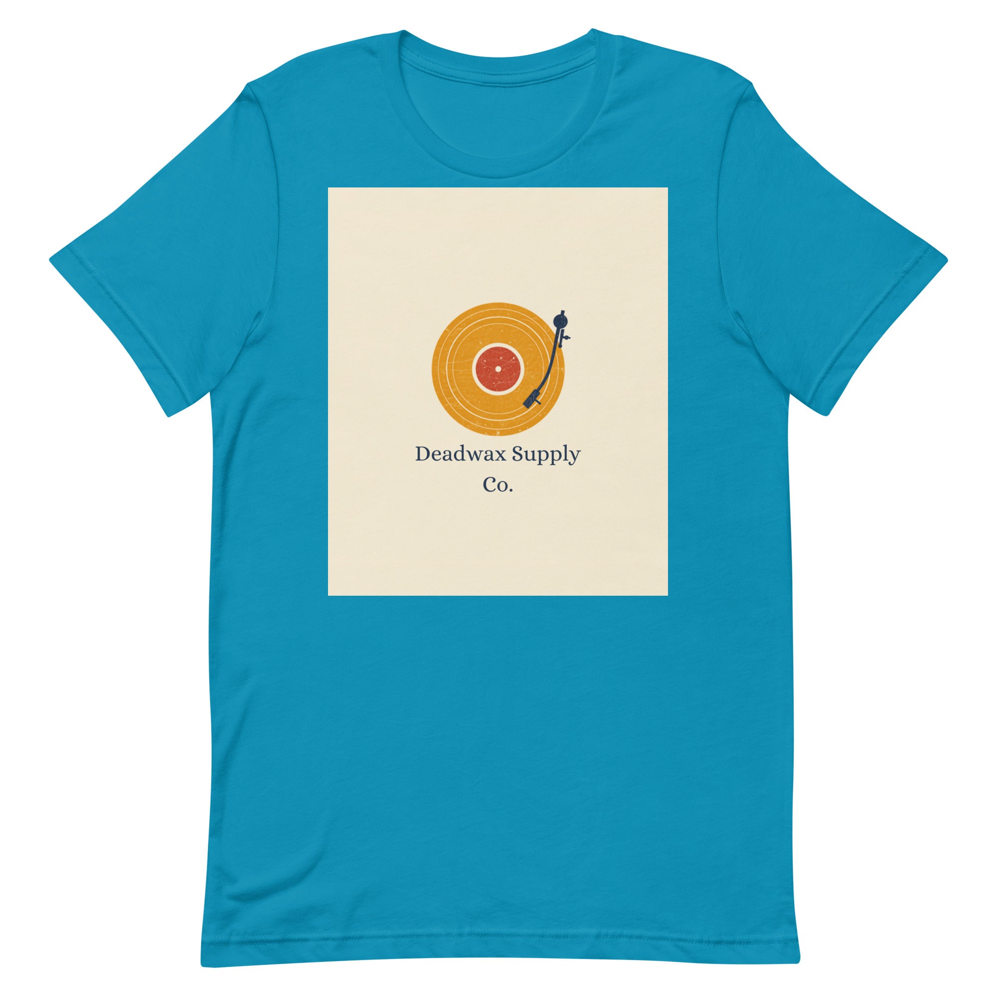 Deadwax Tonearm Tee in aqua – vinyl record collector t-shirt with tonearm and record logo