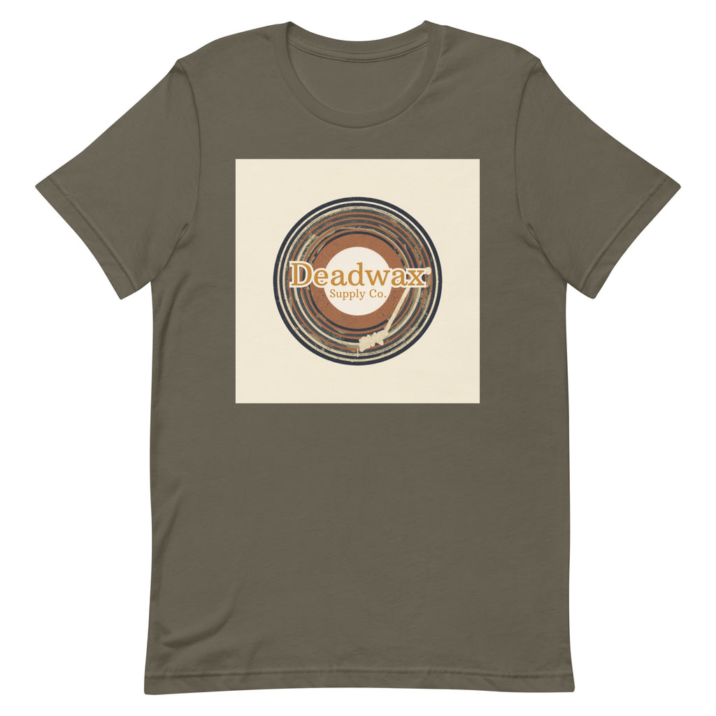 Deadwax Tonearm Tee in army – vinyl record collector t-shirt with tonearm and record logo