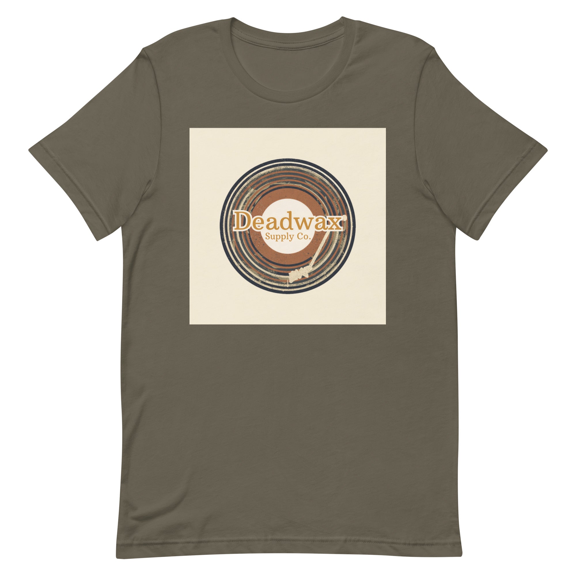 Deadwax Tonearm Tee in army – vinyl record collector t-shirt with tonearm and record logo