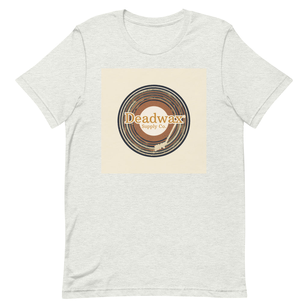 Deadwax Tonearm Tee in ash – vinyl record collector t-shirt with tonearm and record logo