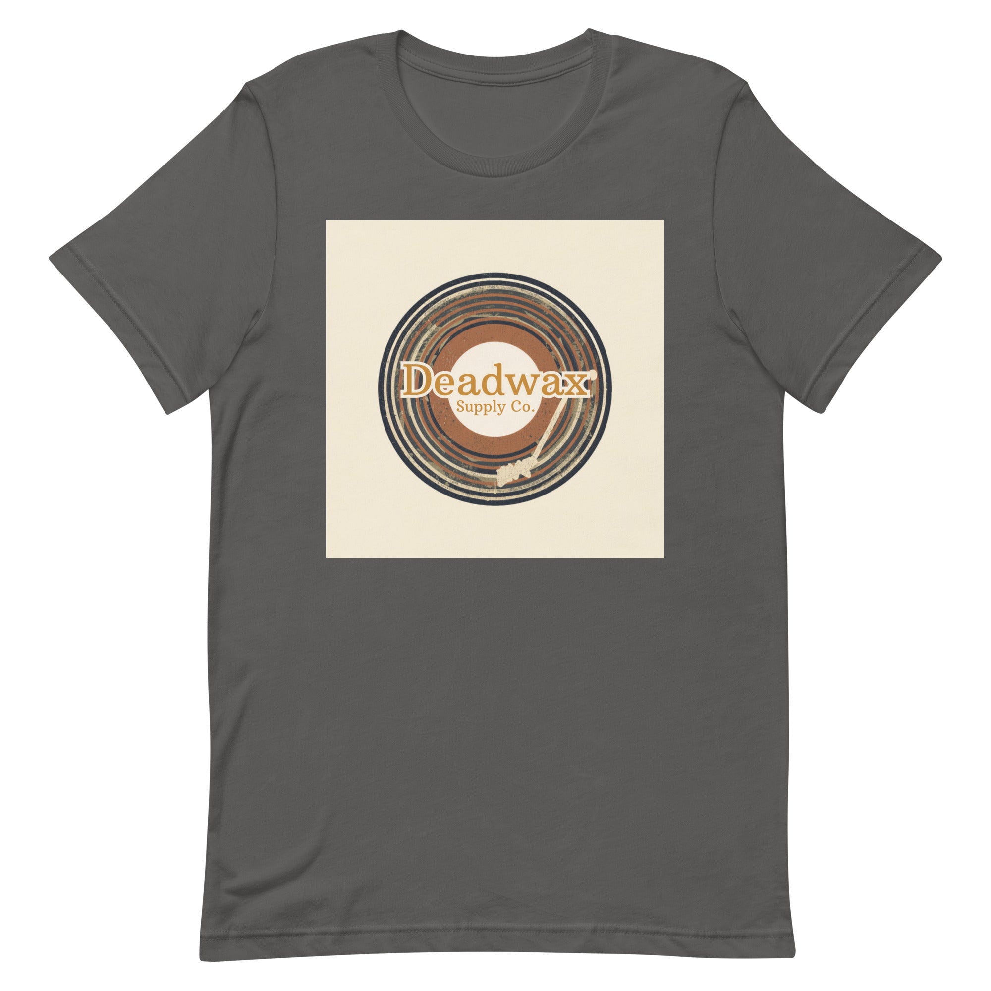 Deadwax Tonearm Tee in asphalt – vinyl record collector t-shirt with tonearm and record logo