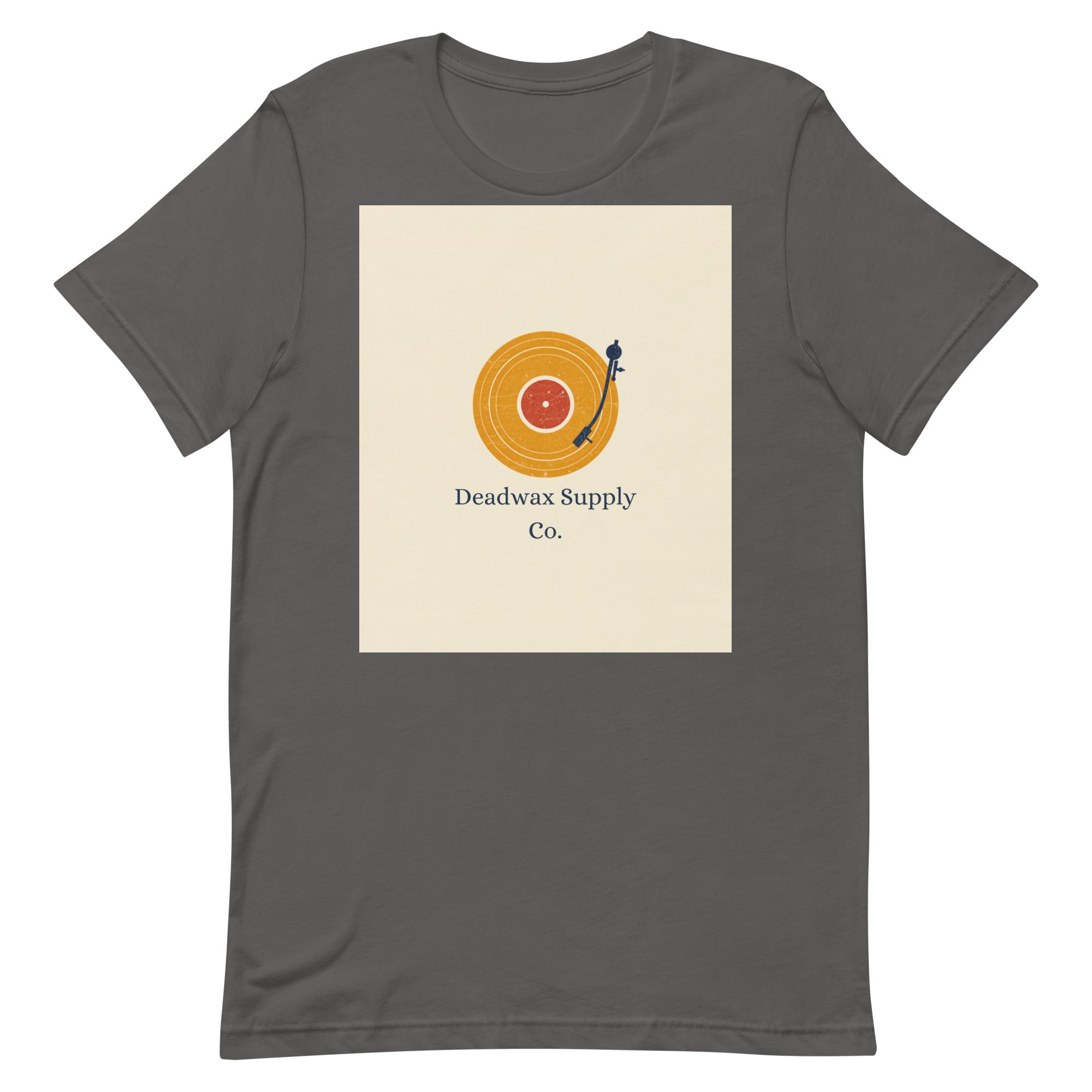 Deadwax Tonearm Tee in asphalt – vinyl record collector t-shirt with tonearm and record logo