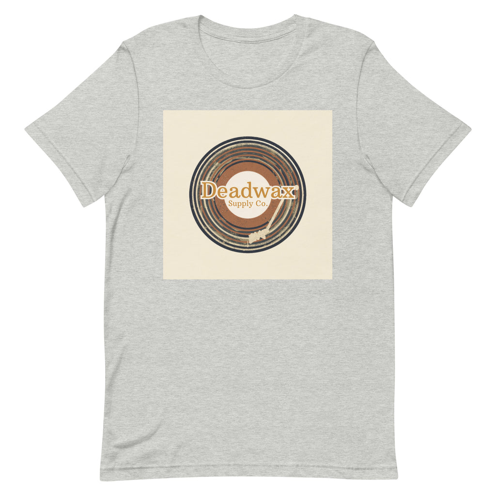 Deadwax Tonearm Tee in athletic heather – vinyl record collector t-shirt with tonearm and record logo
