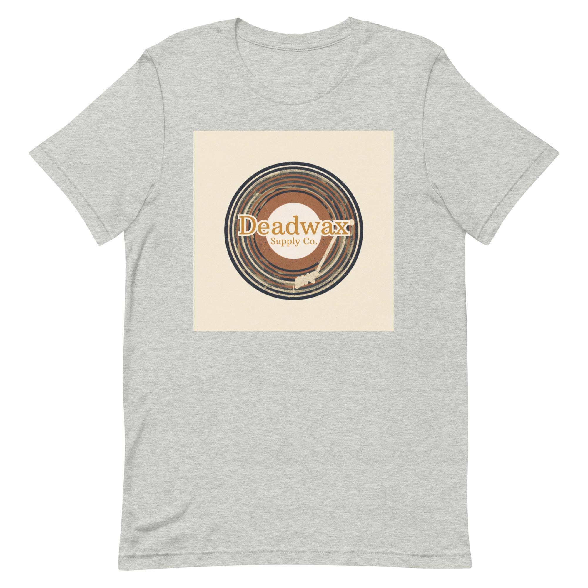 Deadwax Tonearm Tee in athletic heather – vinyl record collector t-shirt with tonearm and record logo