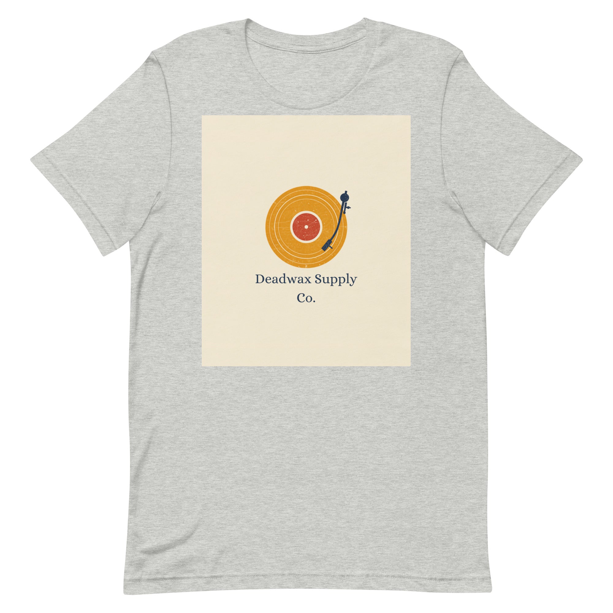 Deadwax Tonearm Tee in athletic heather – vinyl record collector t-shirt with tonearm and record logo