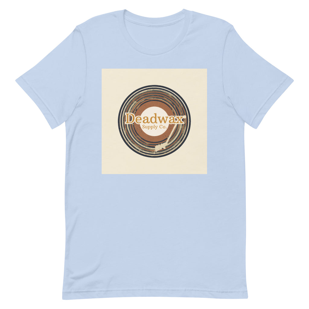 Deadwax Tonearm Tee in baby blue – vinyl record collector t-shirt with tonearm and record logo