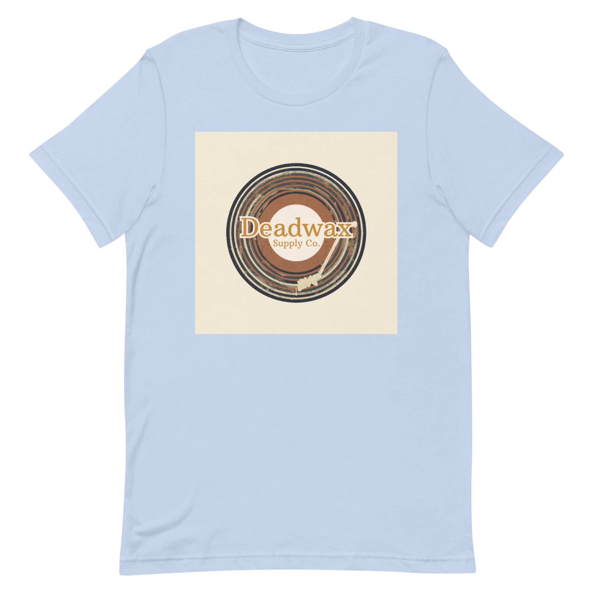 Deadwax Tonearm Tee in baby blue – vinyl record collector t-shirt with tonearm and record logo
