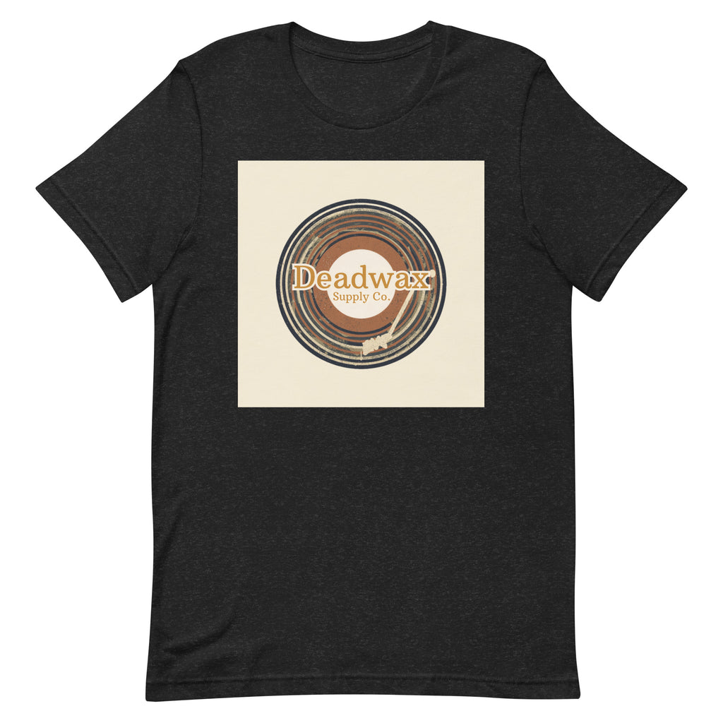 Deadwax Tonearm Tee in black heather – vinyl record collector t-shirt with tonearm and record logo
