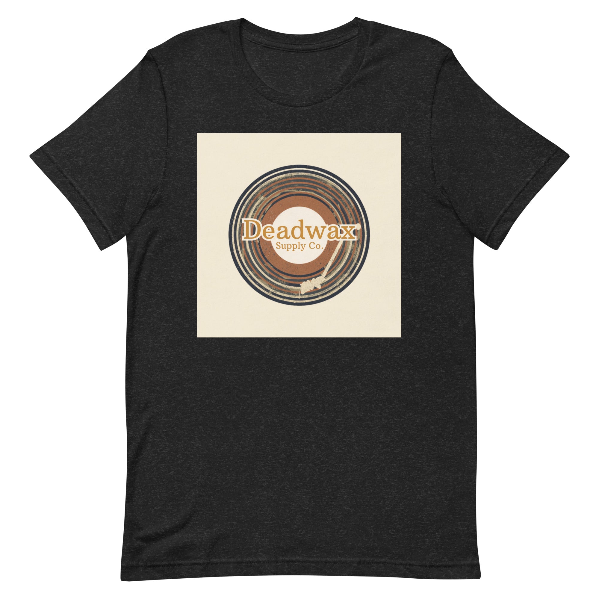 Deadwax Tonearm Tee in black heather – vinyl record collector t-shirt with tonearm and record logo