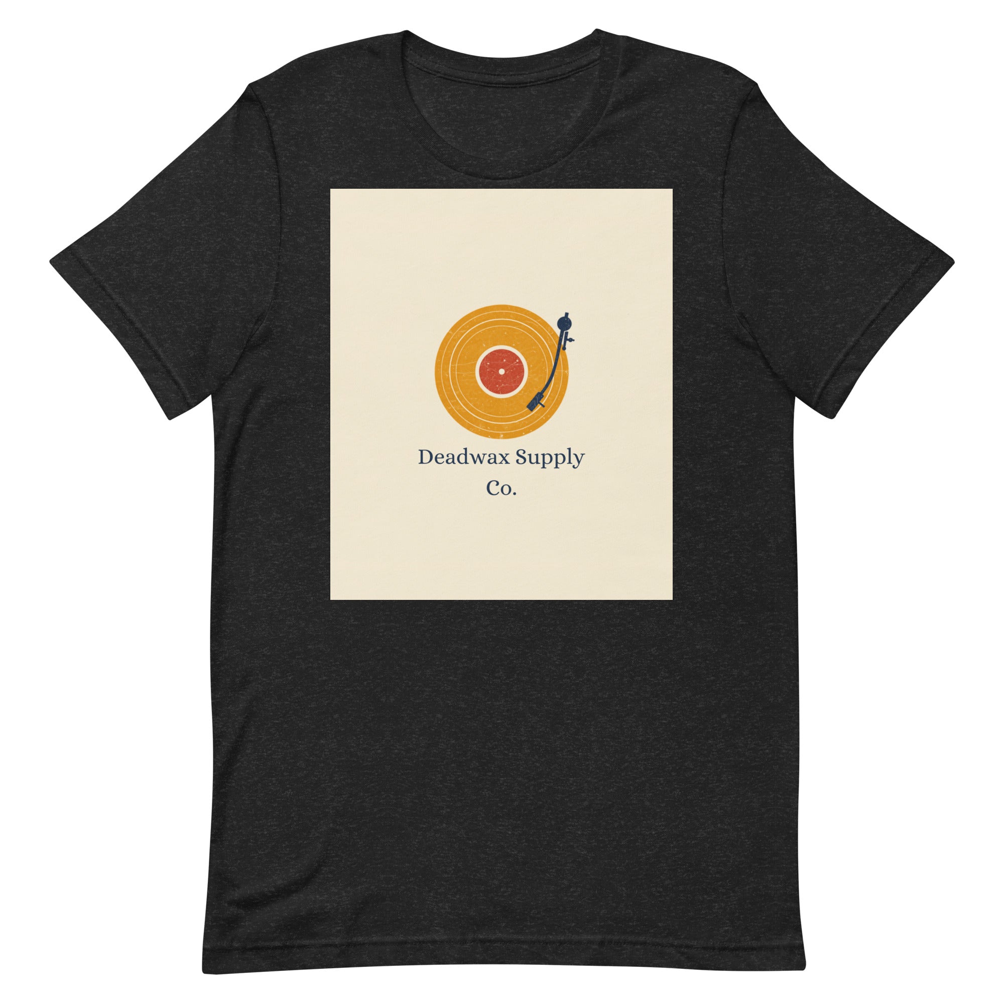 Deadwax Tonearm Tee in black heather – vinyl record collector t-shirt with tonearm and record logo