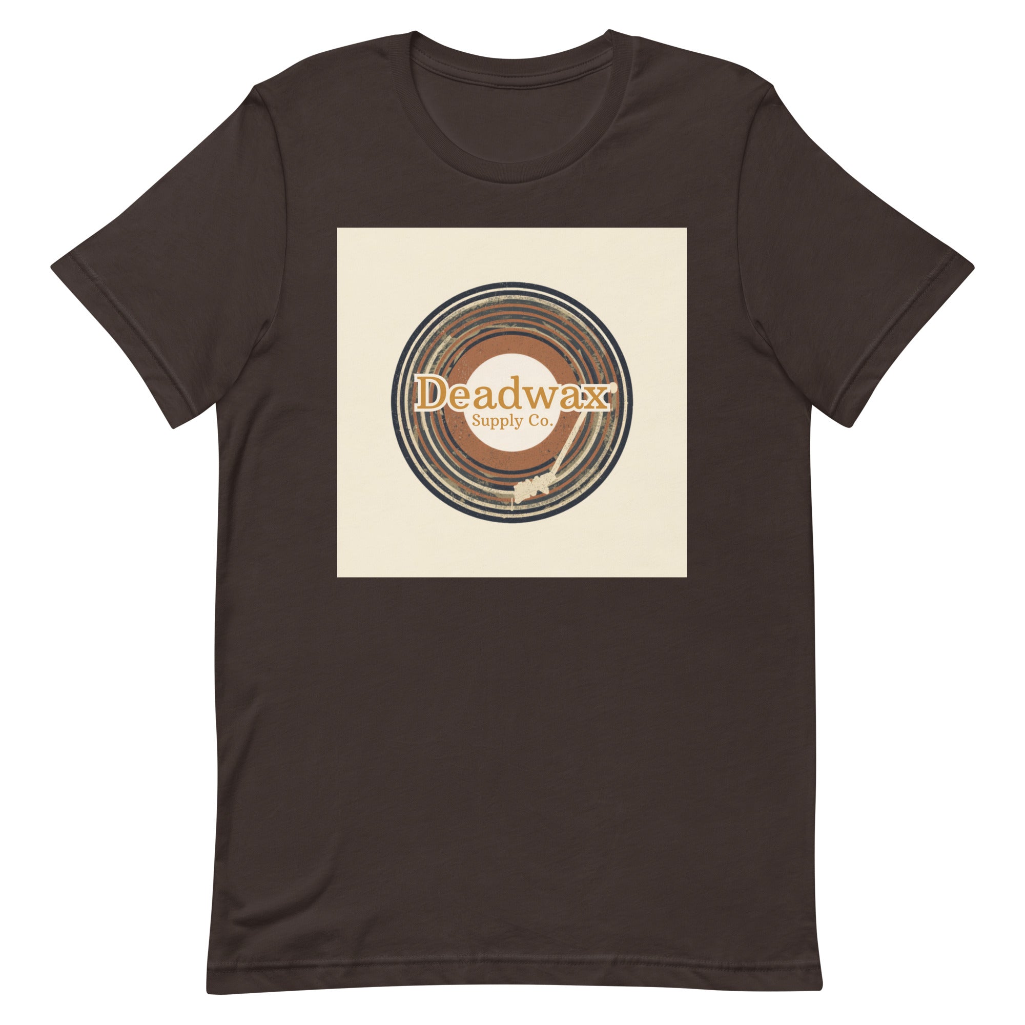 Deadwax Tonearm Tee in brown – vinyl record collector t-shirt with tonearm and record logo