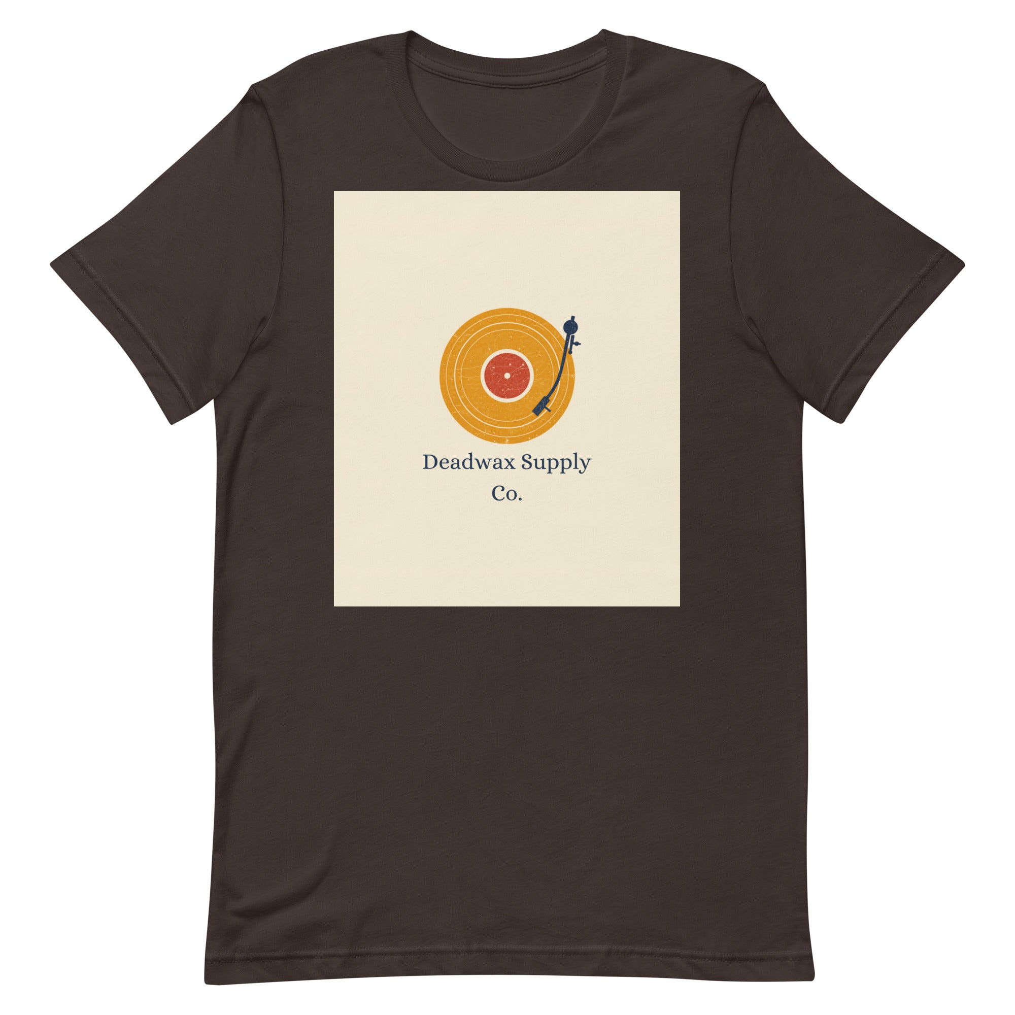 Deadwax Tonearm Tee in brown – vinyl record collector t-shirt with tonearm and record logo
