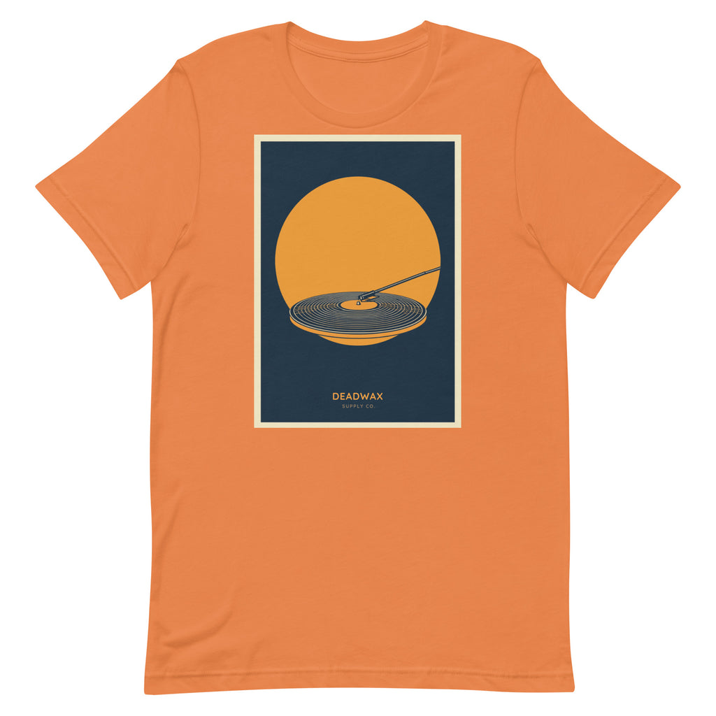 Deadwax Tonearm Tee in burnt orange – vinyl record collector t-shirt with tonearm and record logo