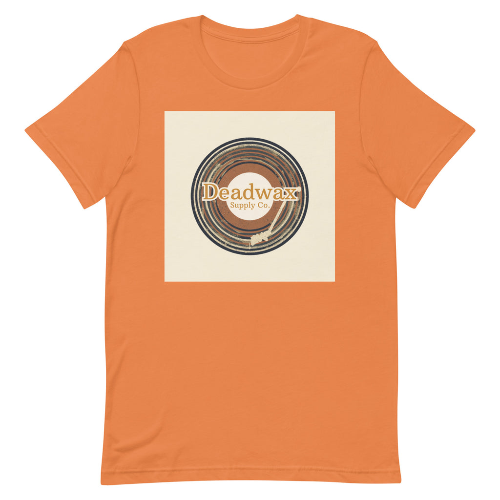 Deadwax Tonearm Tee in burnt orange – vinyl record collector t-shirt with tonearm and record logo