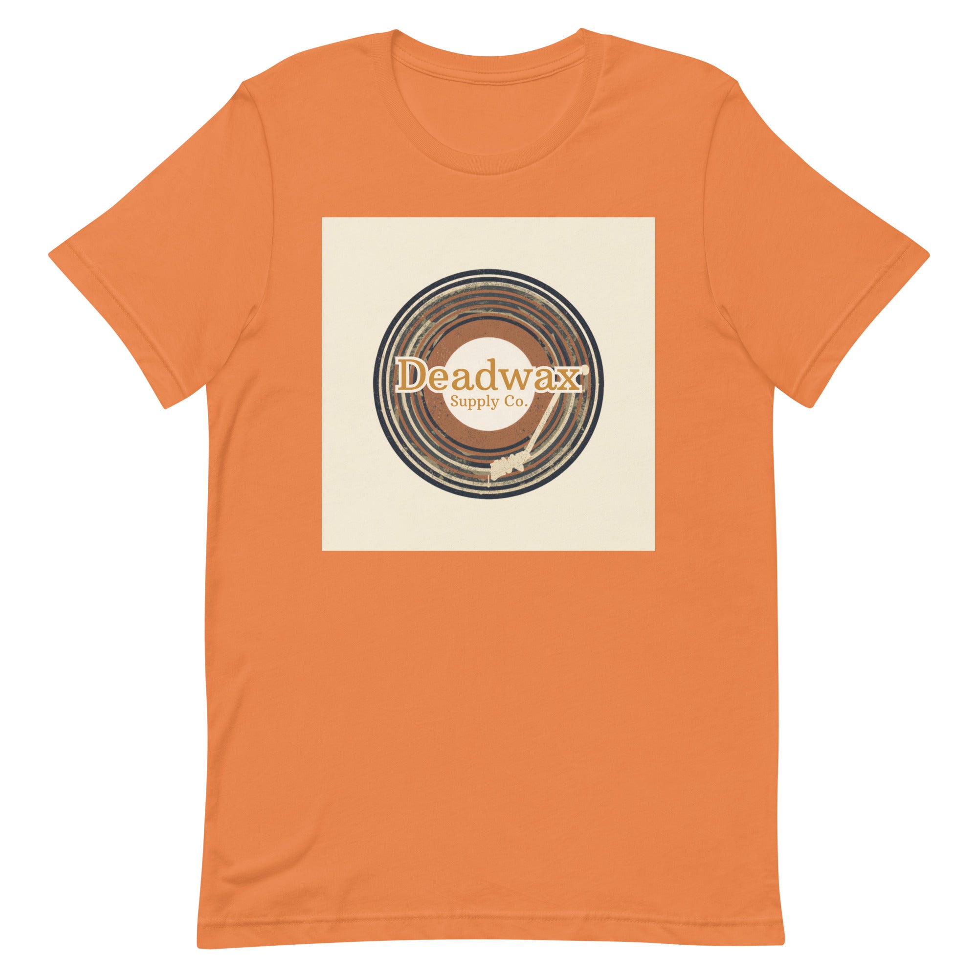 Deadwax Tonearm Tee in burnt orange – vinyl record collector t-shirt with tonearm and record logo