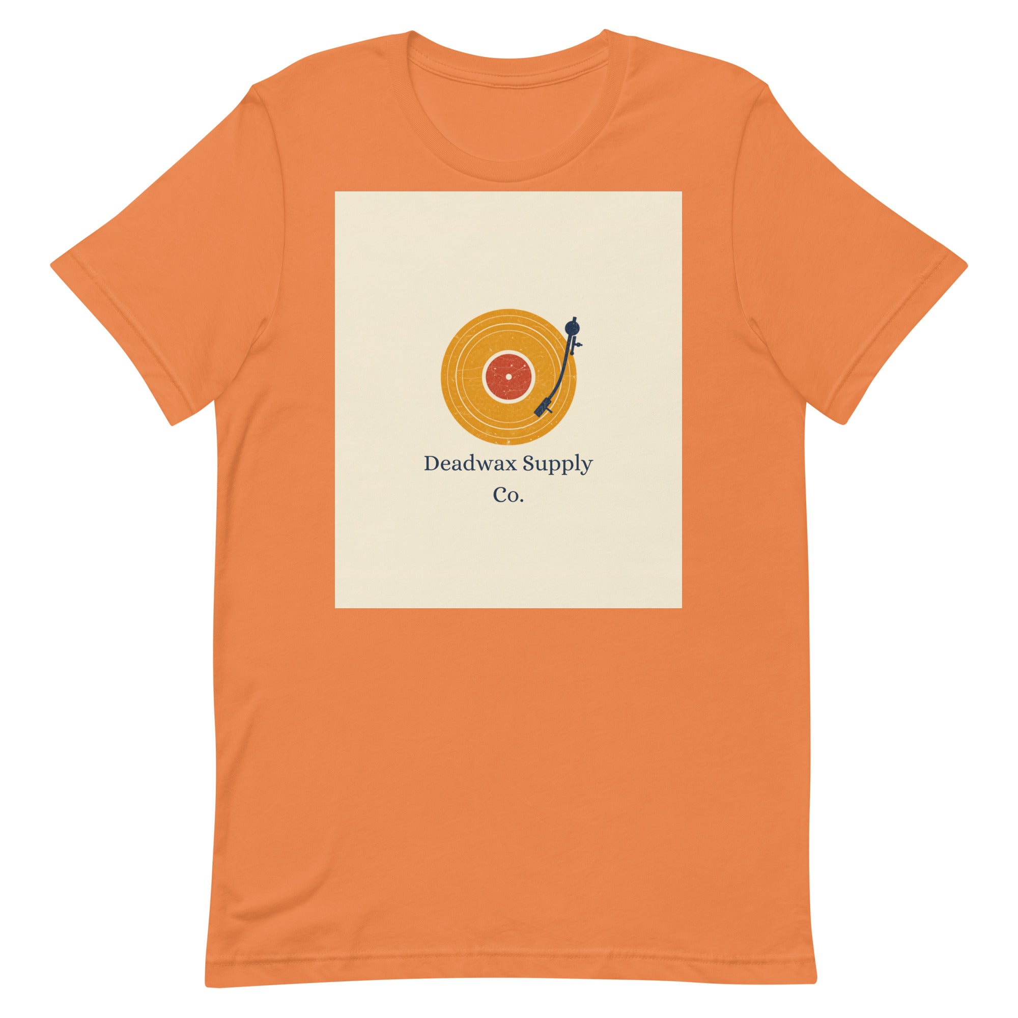 Deadwax Tonearm Tee in burnt orange – vinyl record collector t-shirt with tonearm and record logo