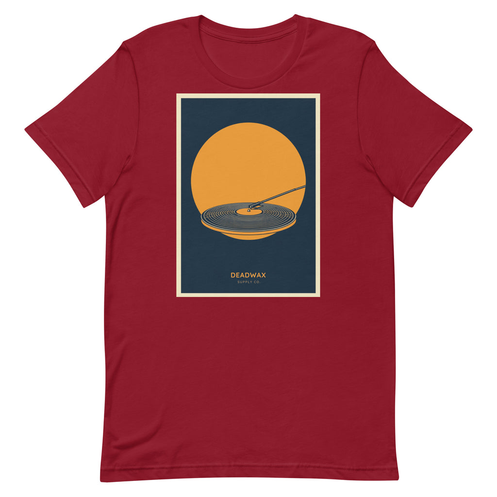 Deadwax Tonearm Tee in cardinal – vinyl record collector t-shirt with tonearm and record logo