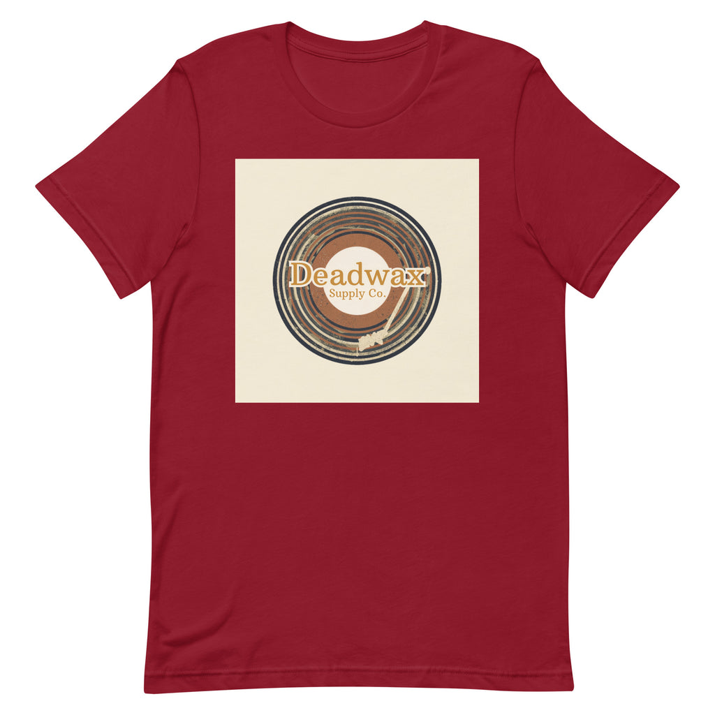 Deadwax Tonearm Tee in cardinal – vinyl record collector t-shirt with tonearm and record logo