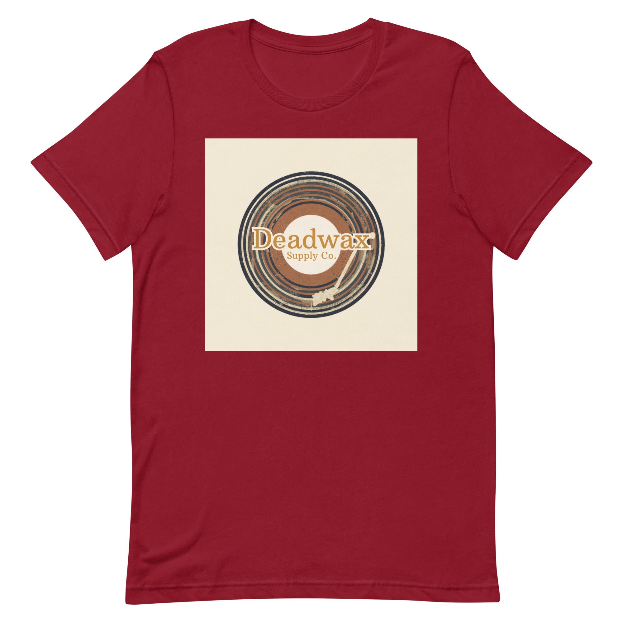 Deadwax Tonearm Tee in cardinal – vinyl record collector t-shirt with tonearm and record logo
