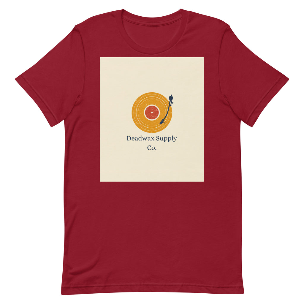 Deadwax Tonearm Tee in cardinal – vinyl record collector t-shirt with tonearm and record logo