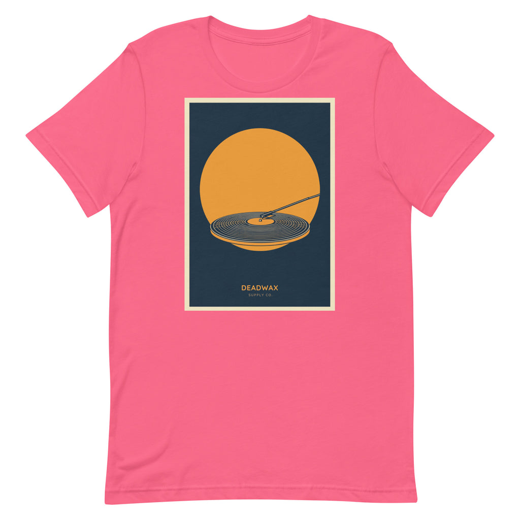 Deadwax Tonearm Tee in charity pink – vinyl record collector t-shirt with tonearm and record logo