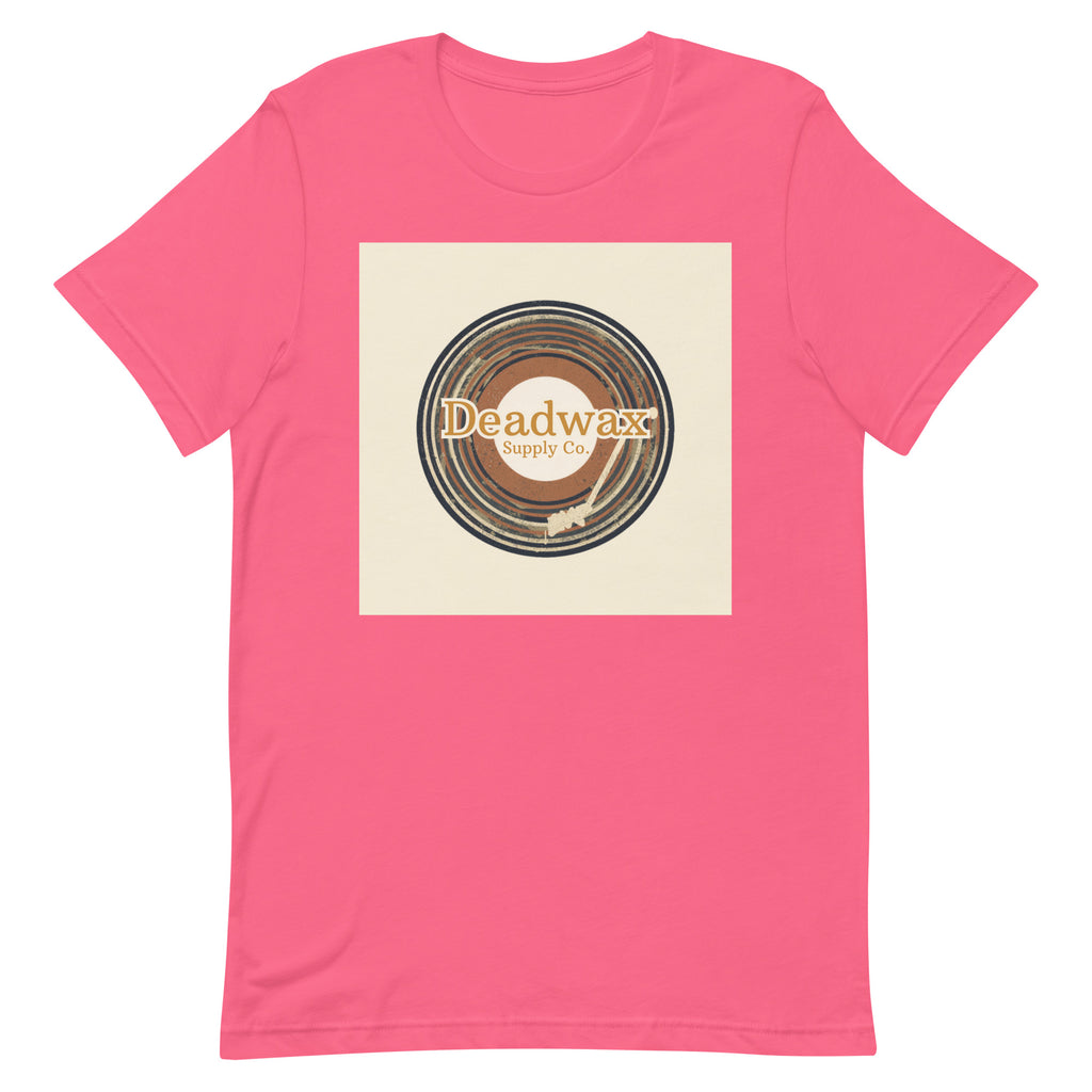 Deadwax Tonearm Tee in charity pink – vinyl record collector t-shirt with tonearm and record logo