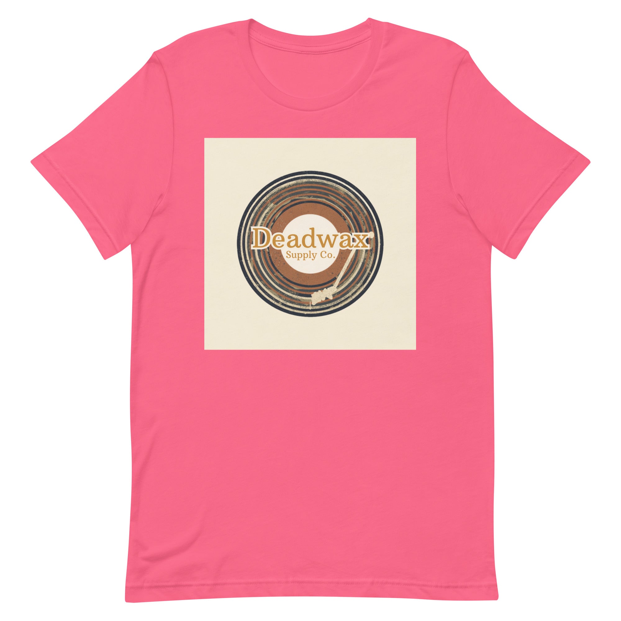 Deadwax Tonearm Tee in charity pink – vinyl record collector t-shirt with tonearm and record logo