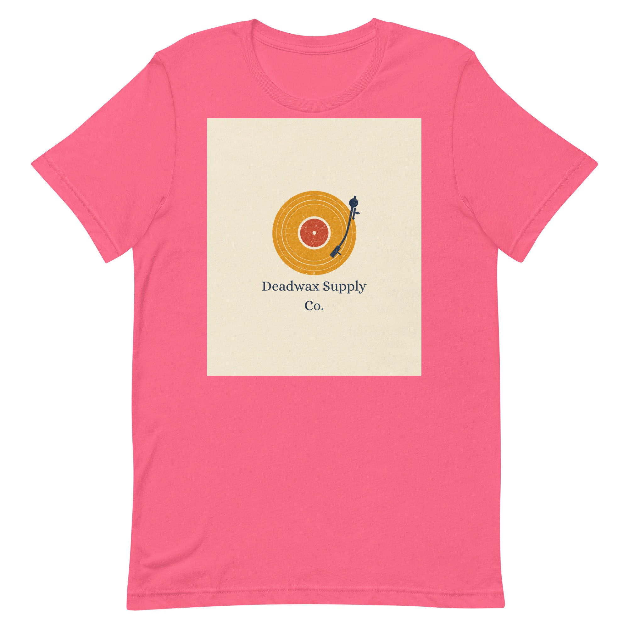 Deadwax Tonearm Tee in charity pink – vinyl record collector t-shirt with tonearm and record logo