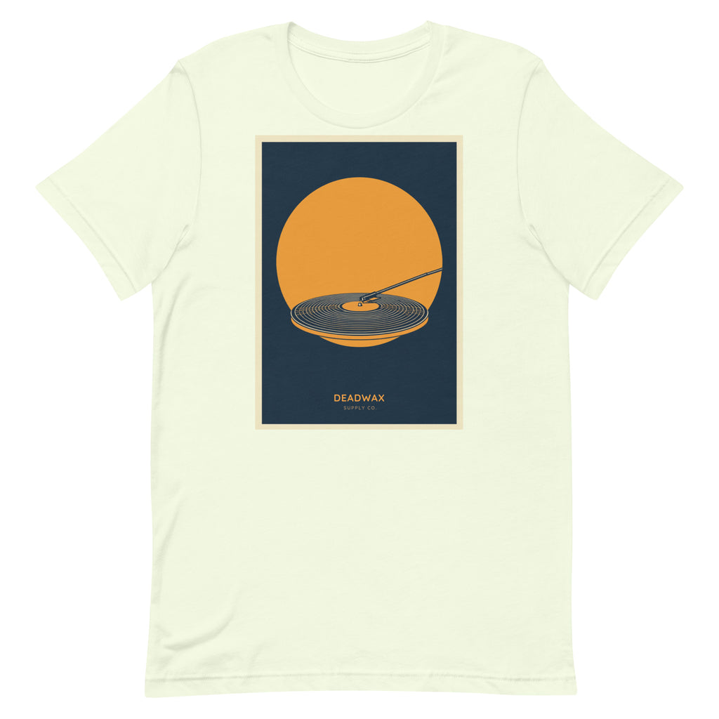 Deadwax Tonearm Tee in citron – vinyl record collector t-shirt with tonearm and record logo