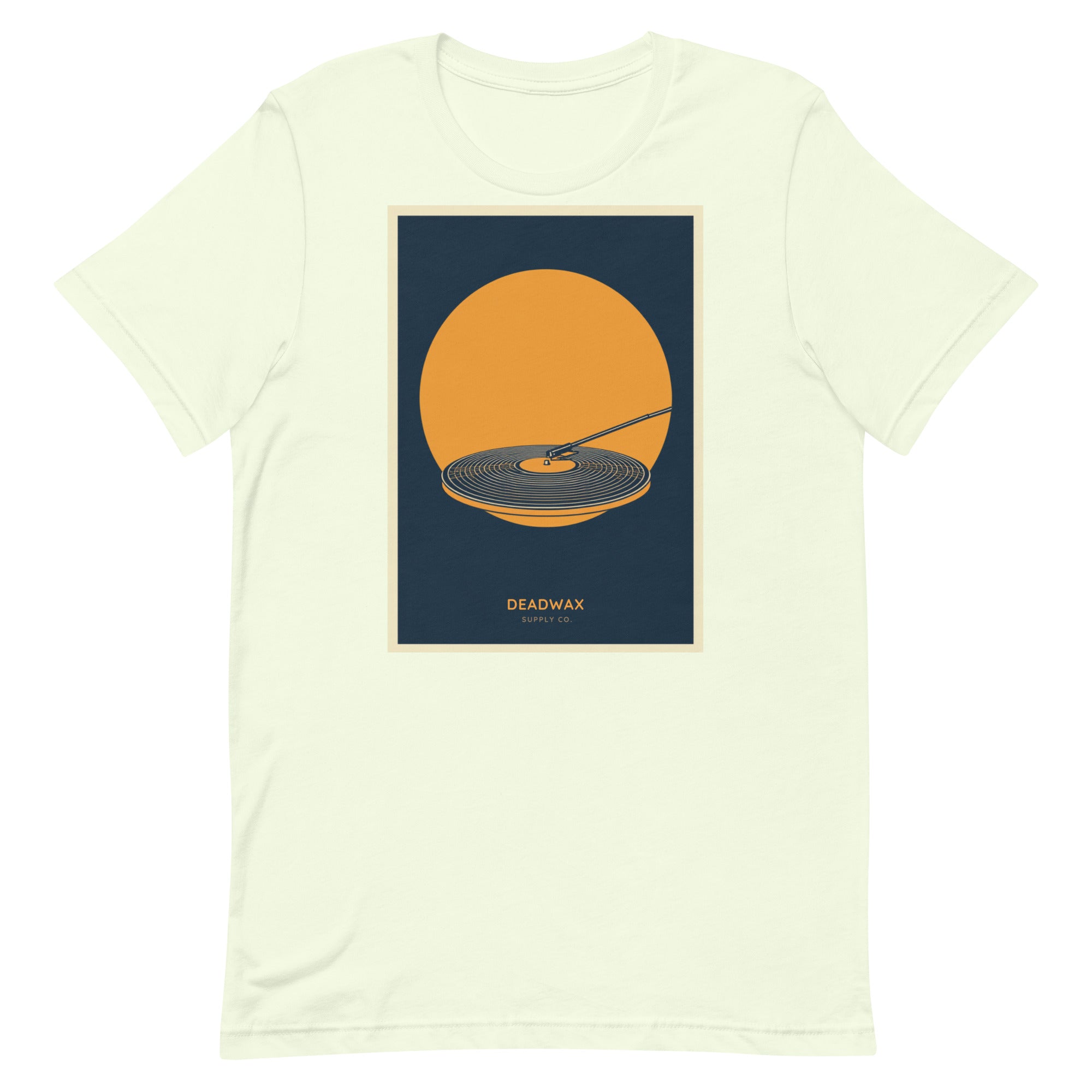Deadwax Tonearm Tee in citron – vinyl record collector t-shirt with tonearm and record logo