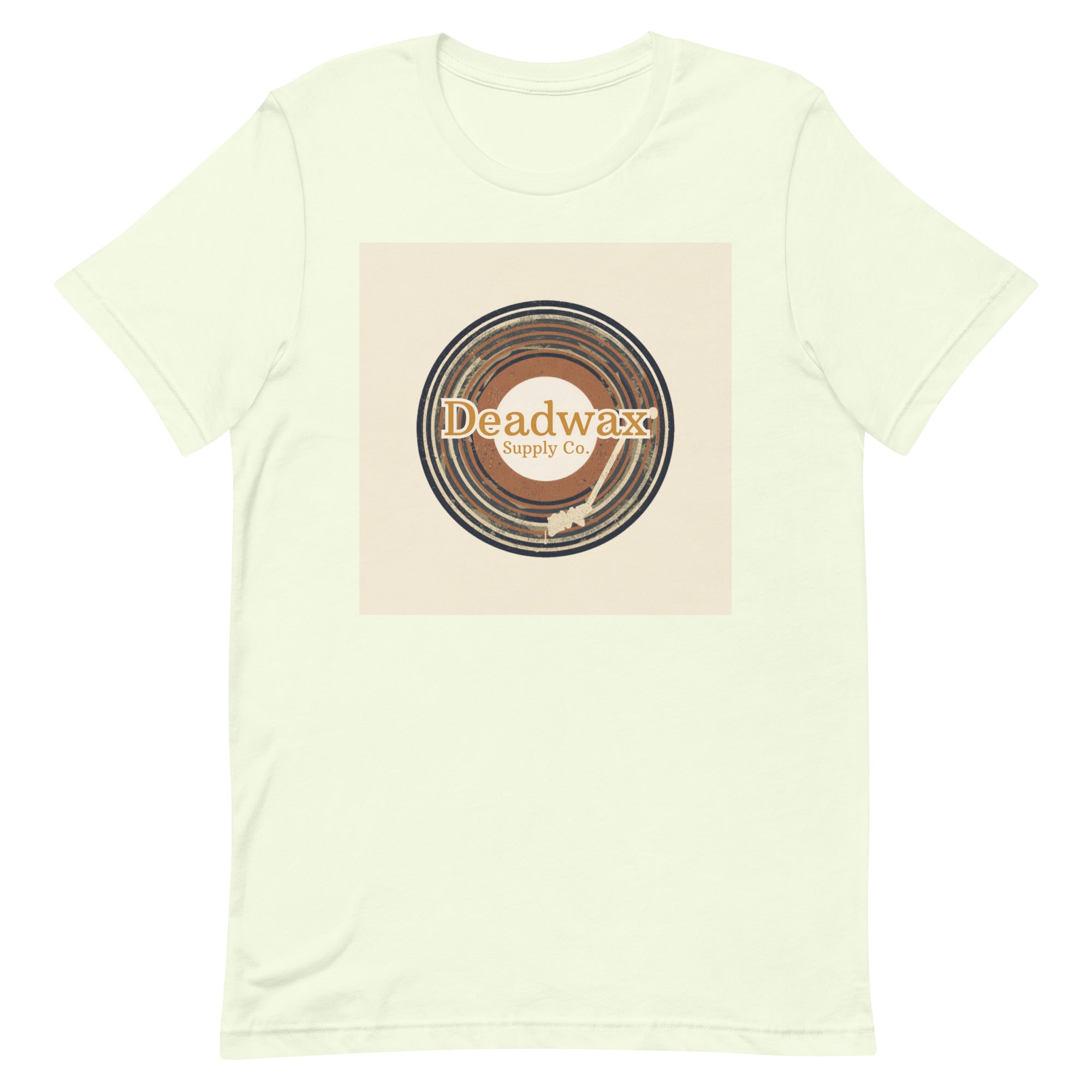 Deadwax Tonearm Tee in citron – vinyl record collector t-shirt with tonearm and record logo