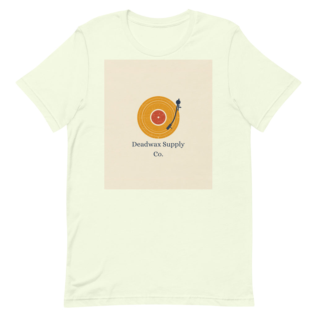 Deadwax Tonearm Tee in citron – vinyl record collector t-shirt with tonearm and record logo