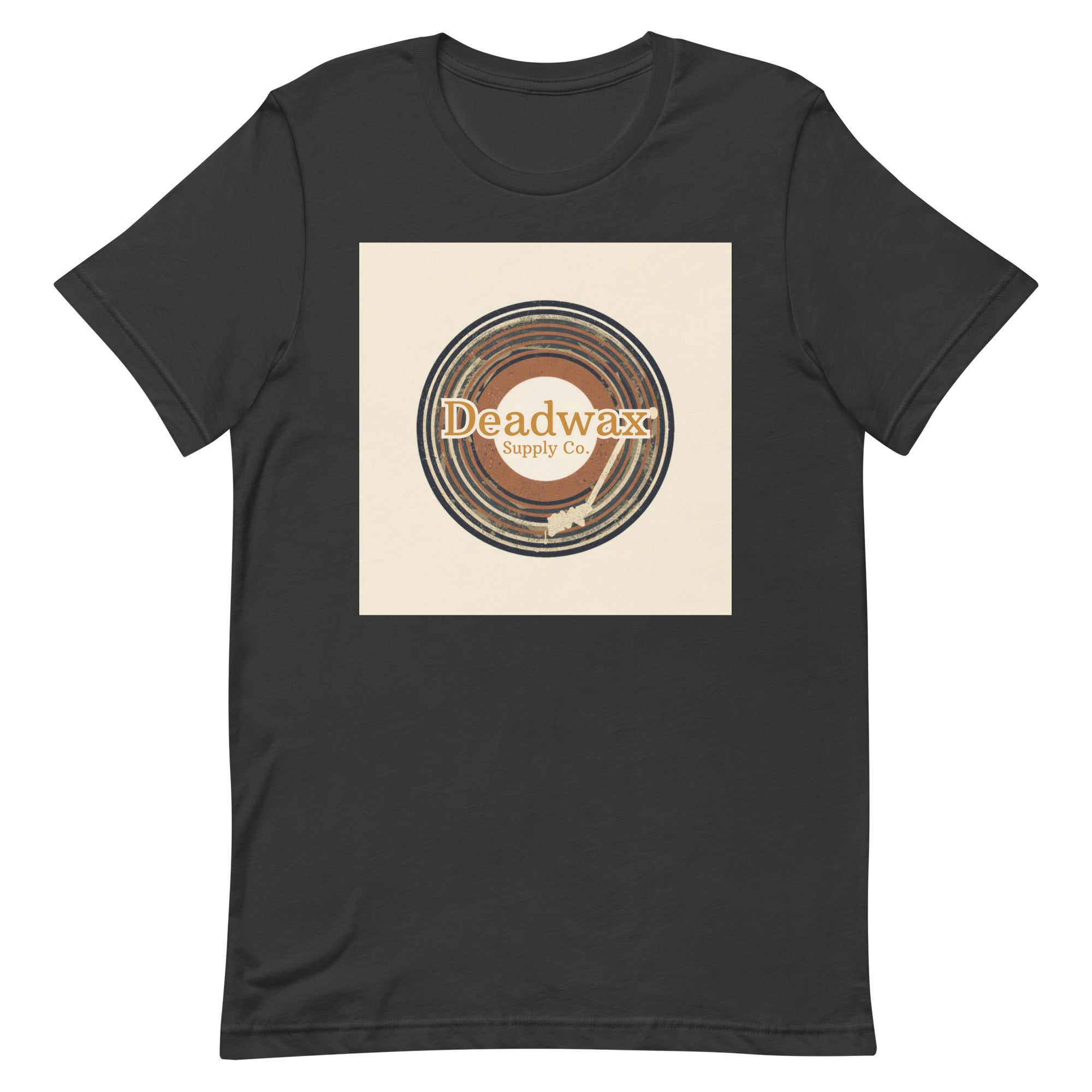 Deadwax Tonearm Tee in dark grey – vinyl record collector t-shirt with tonearm and record logo