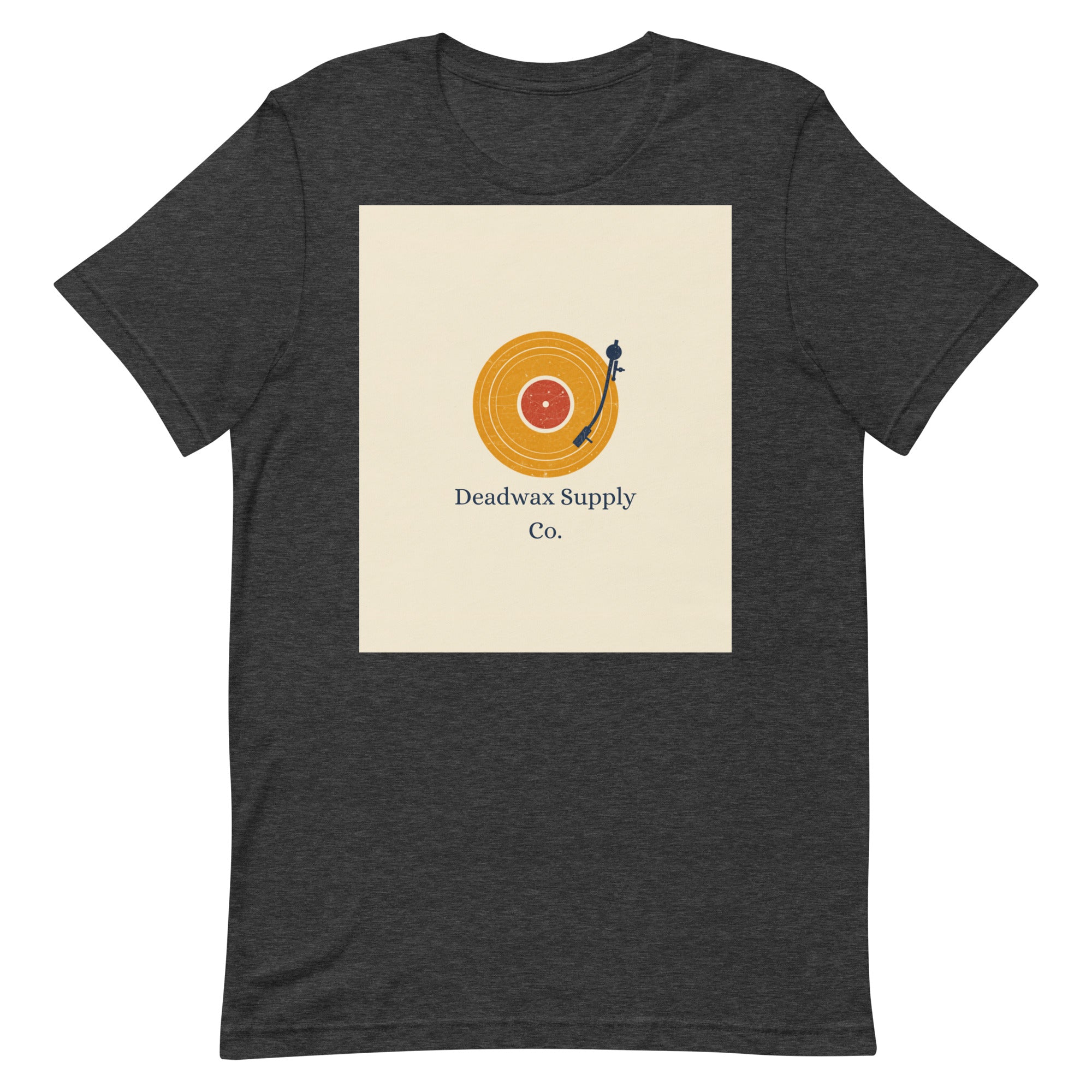 Deadwax Tonearm Tee in dark grey heather – vinyl record collector t-shirt with tonearm and record logo
