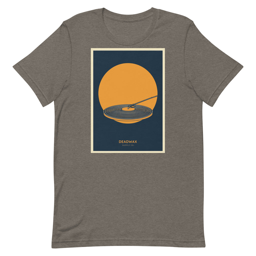 Deadwax Tonearm Tee in deep heather – vinyl record collector t-shirt with tonearm and record logo