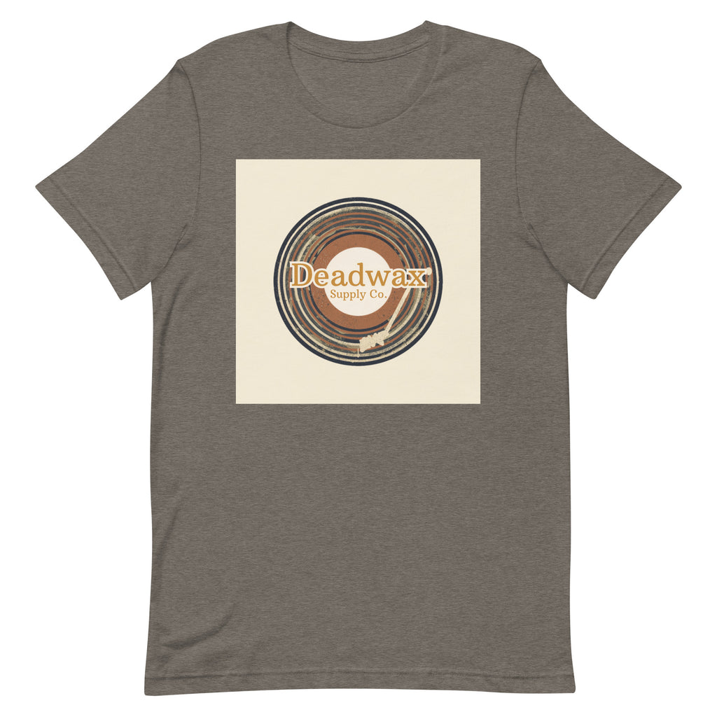 Deadwax Tonearm Tee in deep heather – vinyl record collector t-shirt with tonearm and record logo
